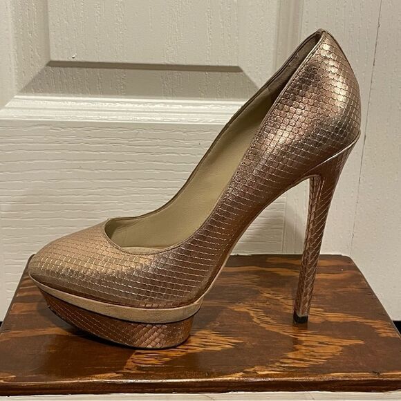 Brian Atwood Rose Gold Snakeskin Embossed Stiletto Platform Ultra High Heels 8.5 - Picture 5 of 14